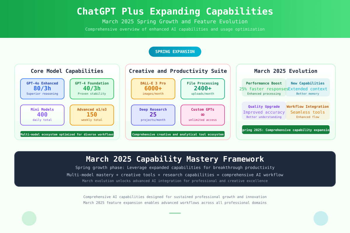 ChatGPT Plus expanded capabilities guide for March 2025, showing spring feature evolution and comprehensive AI workflow integration strategies